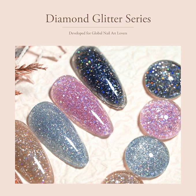 CANNI 8 Pcs 9 ML Glitter Diamond Gel Nail Polish Set, Shimmer Sparkly Shiny Black Gold Silver Blue Green Purple Colors Gel Polish Kit Soak Off Led Nail Art Manicure Salon DIY