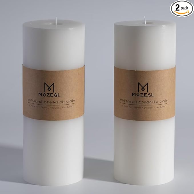 MOZEAL 4" x 10" Extra-Large White Pillar Candles (Set of 2), Unscented,Dripless, Smokeless,Long Clean-Burning,These Tall 10 inch Large White Pillar Candles Perfect for Weddings and Christmas Decor