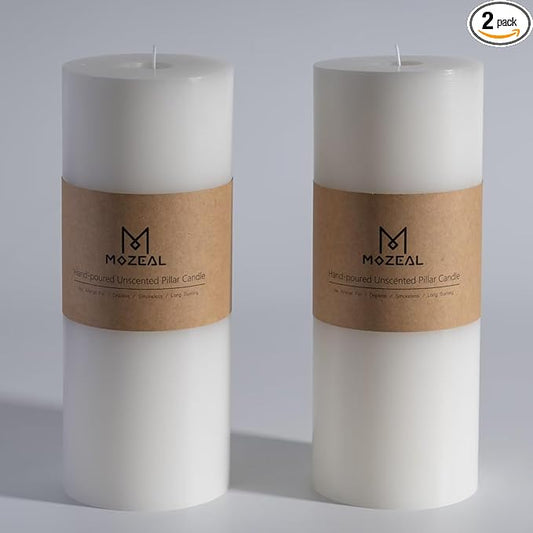MOZEAL 4" x 10" Extra-Large White Pillar Candles (Set of 2), Unscented,Dripless, Smokeless,Long Clean-Burning,These Tall 10 inch Large White Pillar Candles Perfect for Weddings and Christmas Decor