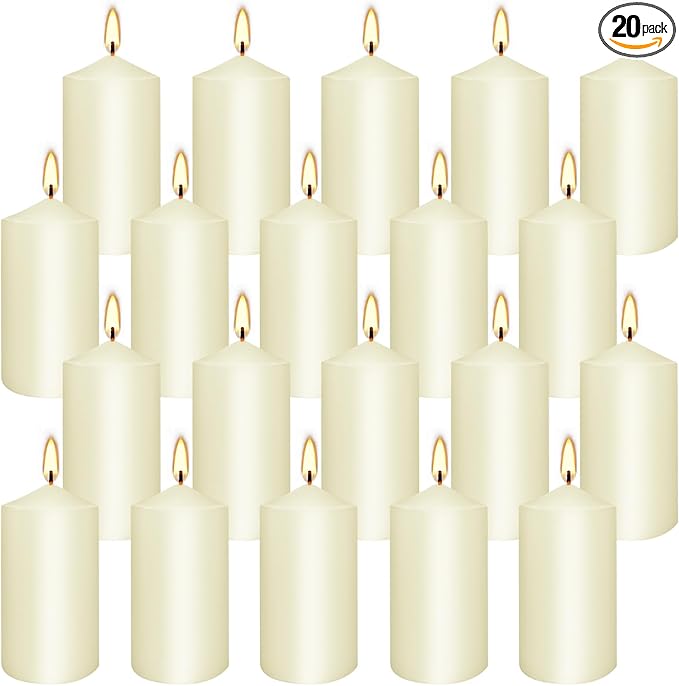Set of 20 Ivory Pillar Candles,Dripless and Smokeless Dinner Candle, 2x4” Pillar Candles for Parties Weddings,Spa,Home Décor,Parties and Special Occasions.