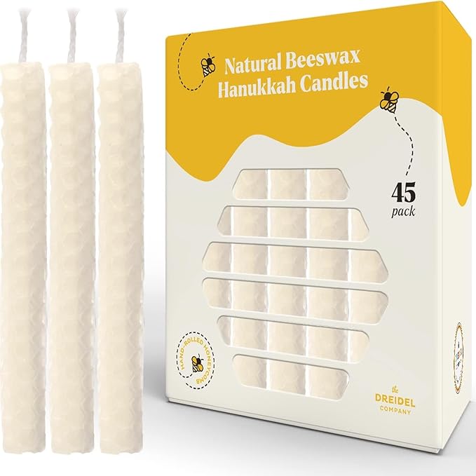 The Dreidel Company 2-Pack Hand Rolled Hanukkah Candle Natural Honeycomb Beeswax White, 45 Minute Burn Time, 45 Candles for All 8 Nights of Chanuka