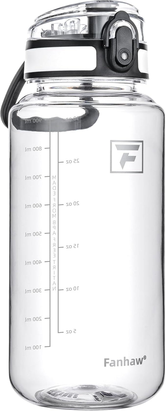 Fanhaw 32 Oz Clear Tritan Water Bottle with Chug Lid, BPA-free, Wide Mouth, Leak Proof - for Gym, Travel, Home, School, Office (Clear&White)