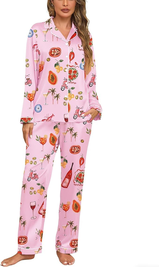 Veseacky Womens Satin Pajama Set Silk Pjs Button Down Long Sleeve Sleepwear Loungewear Sleepwear 2 Piece Pjs Set S-XXL