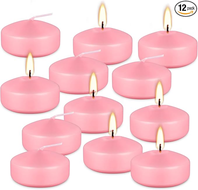12 pcs 2-inch Floating Candles, Pink, smokeless and unscented, Burns continuously for 5-6 Hours, be Good for Holidays, Weddings, Vacations, and Home décor