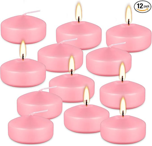 12 pcs 2-inch Floating Candles, Pink, smokeless and unscented, Burns continuously for 5-6 Hours, be Good for Holidays, Weddings, Vacations, and Home décor