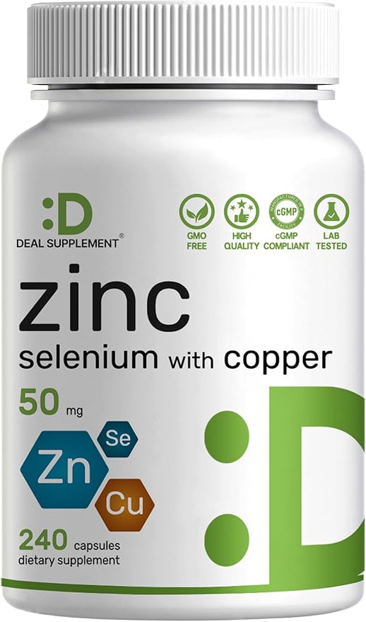 Deal Supplement Zinc 50mg with Selenium + Copper, 240 Capsules, 8 Month Supply, 3 in 1 Mineral Formula, Zinc Picolinate Complex Supplement, Supports Healthy Immune System for Adults and Kids