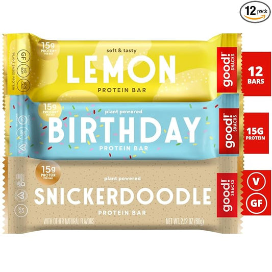 good! Snacks 3 Flavor Variety Pack, Vegan Protein Bars, Birthday Cake, Lemon & Snickerdoodle Protein Bar, Soy & Gluten Free, Plant Based, Low Sugar, 15g Clean Protein, Healthy Superfood Snack, 12 Bars