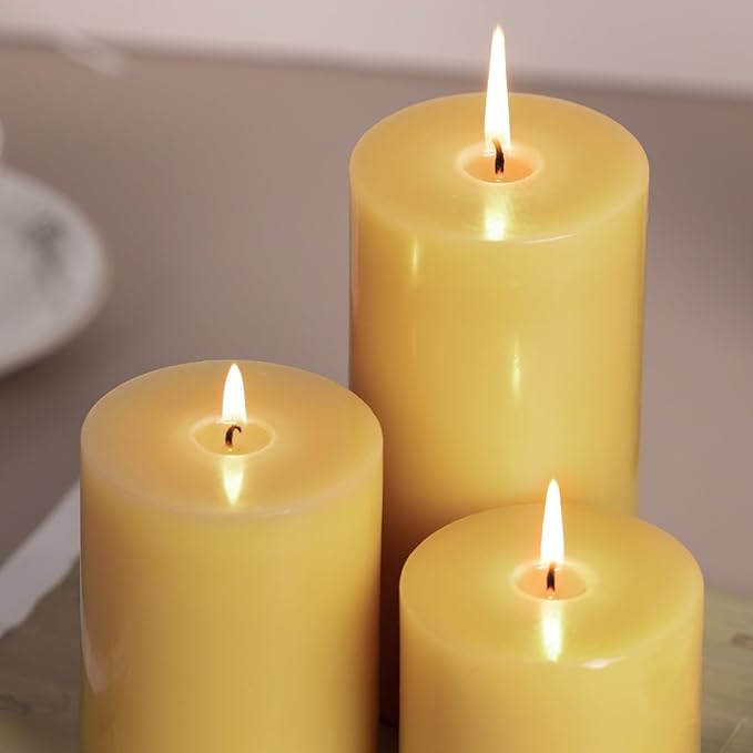 KONNI Mustard Yellow Pillar Candles Set of 3, 3"x 3" Unscented Pillar Candles Bulk, 30 Hours Long Burning Candles, Smokeless&Dripless Large Round Candle for Wedding, Home Decoration, Parties