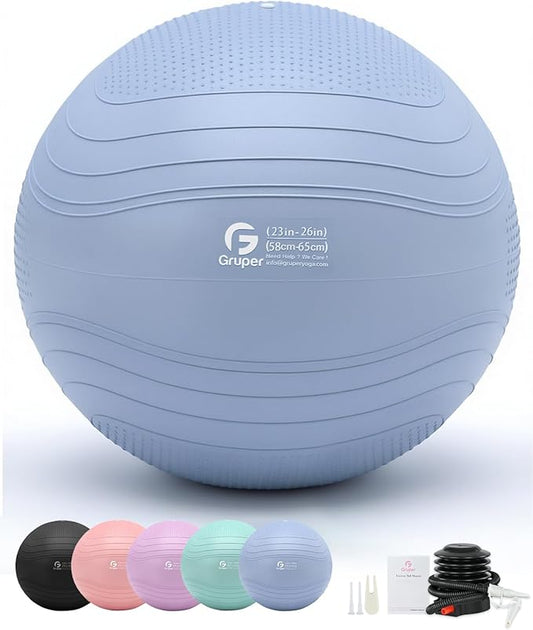 Gruper Yoga Ball, Extra Thick Exercise Ball for Workout Pregnancy Stability - 4 Sizes Anti Burst Balance Ball for Yoga, Pilates, Fitness, Birthing, Physical Therapy - Includes Pump