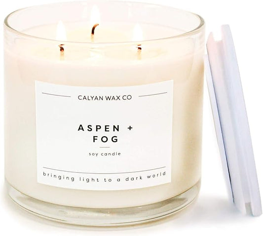 Calyan Wax Co. 3 Wick Candle, Aspen + Fog Scented Candle, 43 Hour Burn Time, 3 Wick Soy Candles, Non Toxic & Vegan Soy Wax, Glass Jar Scented Candles, 14.9oz