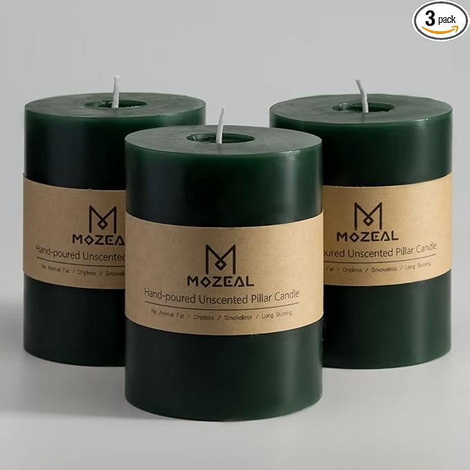 MOZEAL 3" x 4" Hand-Poured Unscented Candle,Dripless Pillar Candle Set of 3,Long Clean Burning,Approx 72 Hours Burn Time,Rustic Country Style,Wedding,Dinner,Christmas and Home Decor,Dark Green