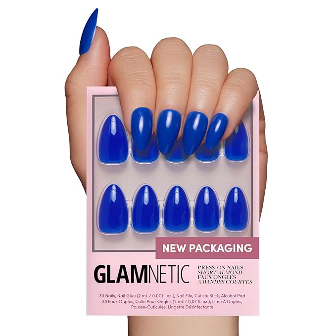 Glamnetic Press On Nails - Cobalt Blue | Opaque Bright Vibrant Blue Short Almond Fake Nails, Salon Quality | 15 Sizes - 30 Nail Kit