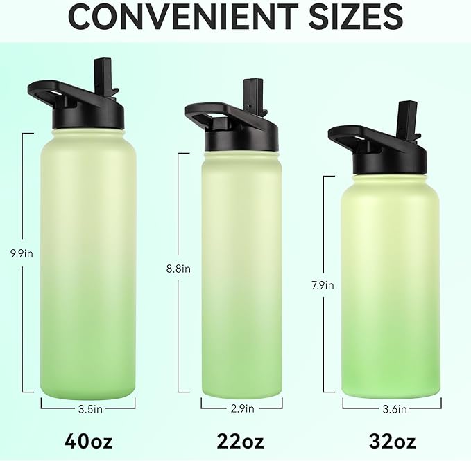 DOMICARE 32 oz Insulated Water Bottle Bulk, Vacuum Insulated Stainless Steel Sports Water Bottle with Straw Lid & Spout Lid, Leakproof, Reusable - Travel, Camping, Bike, Green Gradient (4 Pack)