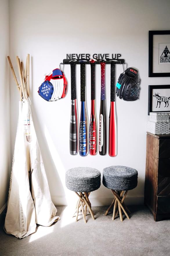veimia Baseball Bat Holder Wall Mount, Baseball Bat Storage Rack, Holds 10 Bats on Wooden or Concrete Wall, Metal Bat Hanger with Fully Wrapped Rubber Mat, Hardware Included.
