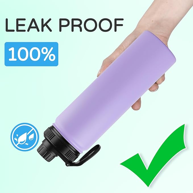 DOMICARE Insulated Water Bottle, 22 oz Vacuum Insulated Stainless Steel Reusable Sports Bottle with Straw Lid & Spout Lid for Travel, Camping, Bike, Leakproof, Purple, 8 Pack