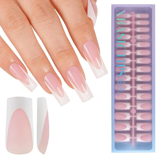 Misssix XBASICTIPS Deep French Tip Press On Nails, 150Pcs French Gel Nail Tips Long Square, Soft Gel Pre-shaped No Need to File 3 in 1 Tips, Fake Nails for Nail Art DIY Extension Designs 15 Sizes
