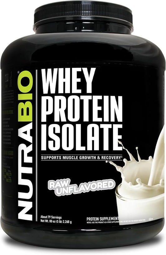 NutraBio 100% Whey Protein Isolate Protein Powder, 25g Protein with Complete Amino Acid Profile, Non-GMO, Soy & Gluten Free, Low Carb, Low Calorie Whey Protein Powder, Raw Unflavored, 5 Lbs