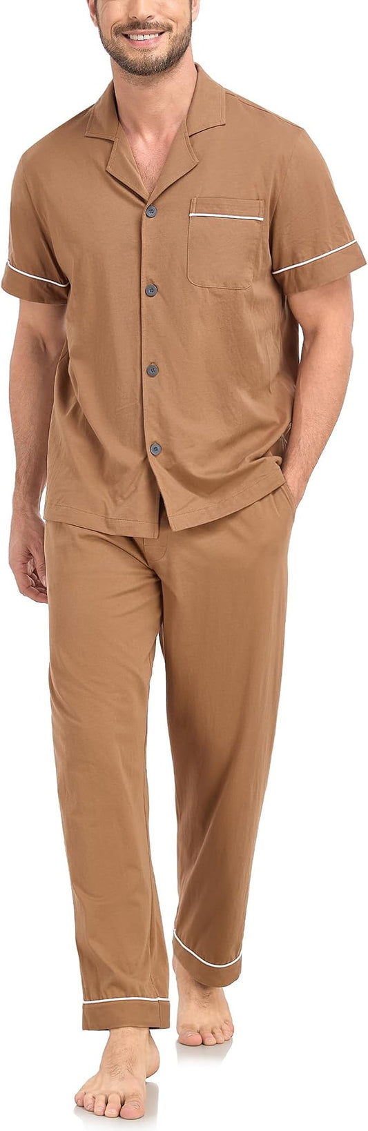 COLORFULLEAF Men's 100% Cotton Pajamas Set Button Down Sleepwear Short Sleeve and Long Pants Pjs