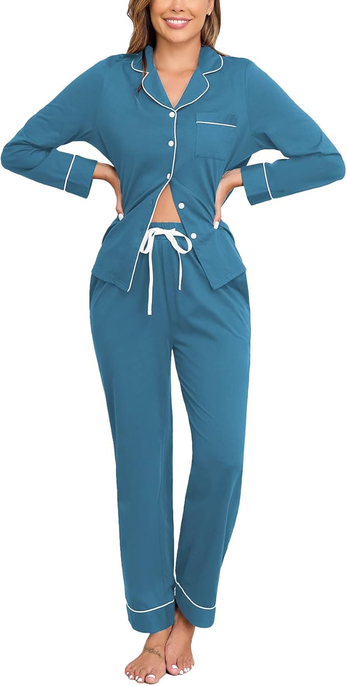 Veseacky 100% Cotton Pajamas for Women Set Long Sleeve Button Down Sleepwear Soft Pjs Lounge Sets with Pockets S-XXL