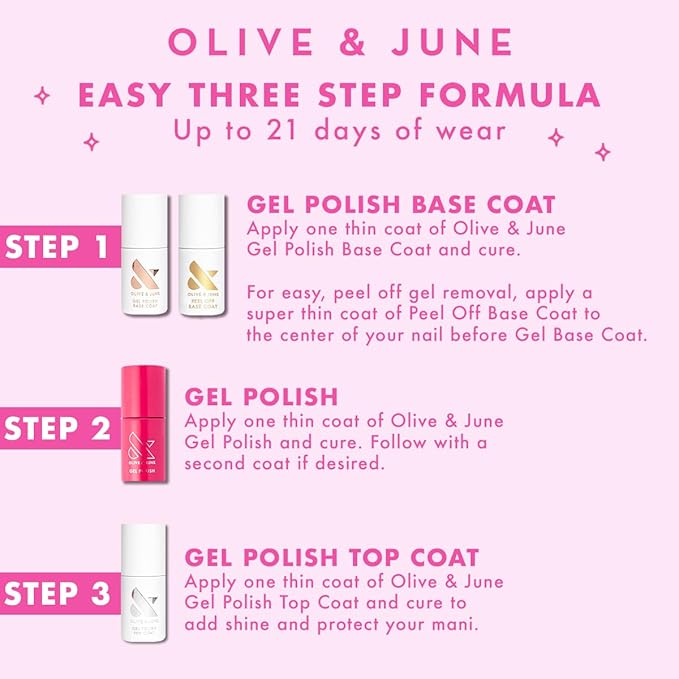 Olive & June Gel Polish Base Coat | UV LED Nail Lamp Needed | Long Lasting Formula | Up to 21 Days of Wear | No Damage Removal | Salon-Quality Manicure Pedicure at Home |Vegan HEMA-Free Cruelty-Free