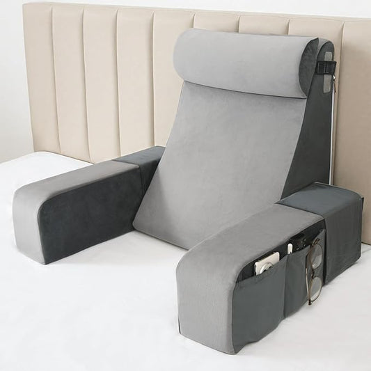 Vekkia 21" Reading Pillow with Adjustable Arms & Headrest – Zoned Foam Support, XL Side Pockets, Removable Cover, Back Support Chair for Reading, Gaming, TV, Post-Surgery Recovery in Bed or Floor