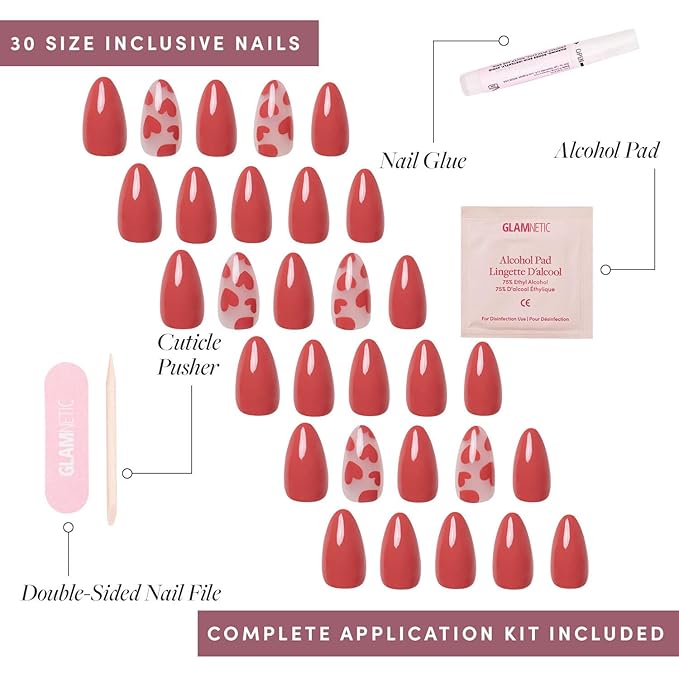 Glamnetic Press On Nails - Love Me | Glossy, Semi-Transparent, Short Almond Red Heart Nails, Salon Quality | 15 Sizes - 30 Nail Kit with Glue