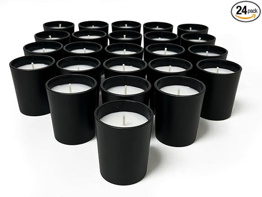 Simply Soson Scented Votive Candles, Bulk Set of 24 White Patchouli Small Candles, Votive Candles Scented in Glass, Black Holder 10 Hours Burn, for Wedding, Birthday, Holiday Christmas & Decoration