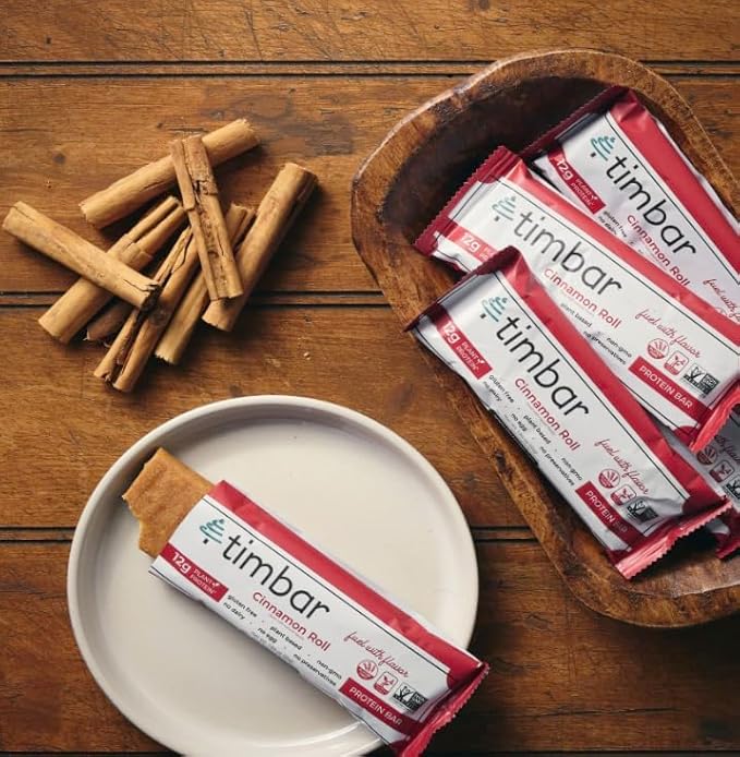 timbar Vegan Protein Bars 4 Pack | Plant Based- Energy & Nut Bars with 12g Protein | Gluten Free, Non-GMO, Dairy Free, Healthy On-the-Go Snack & Meal Replacement (4 Packs, Cinnamon Roll)