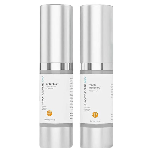 Photozyme Petite Duo Travel Set – Anti-Aging Skincare Kit with DNA Repair Serum & 0.5% Retinol Night Serum – Travel Size Hydrating & Brightening Serums for Fine Lines & Sun Damage – Two 0.5 fl oz