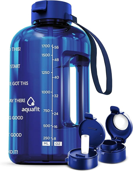 AQUAFIT Half Gallon Water Bottle with Time Marker - Straw & Chug Lid - BPA Free Gym Water Bottle with Straw - Big Gallon Jug (Blue, 64 oz - 2 Lids)