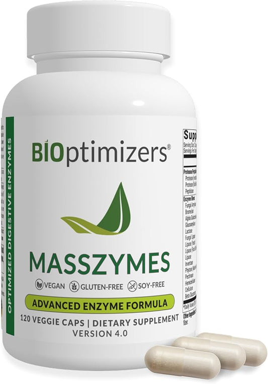 BIOptimizers MassZymes - Complete Digestive Enzymes Supplement for Gut Health - Bloating Relief for Men and Women - Lipase Amylase Bromelain Digestive Enzymes (120 Capsules)