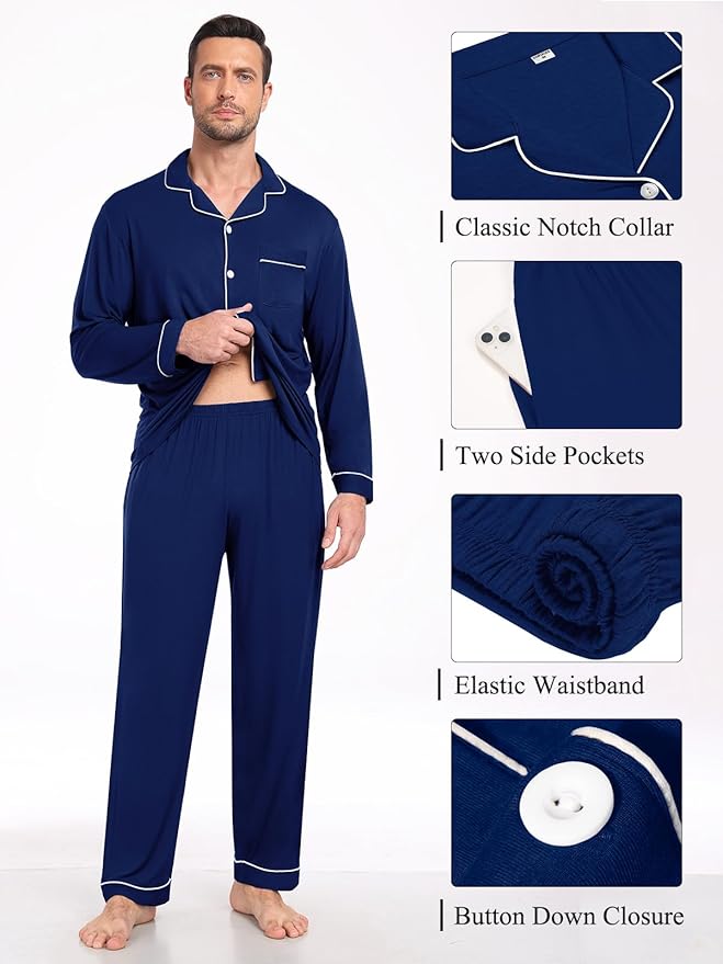 Men Modal Pajama Set Long Sleeve Pjs Button Down Sleepwear Soft Comfy Loungewear Sets 2 Piece Nightwear S-3XL