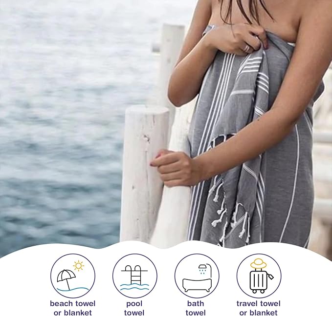 Turkish Beach Towels, Bulk Case of 24 | Oversized, Quick Dry, Sand Free | 100% Cotton, Large 38x71 Towels for Beach, Pool, Travel | Ultra-Soft, Compact, Absorbent | Gray