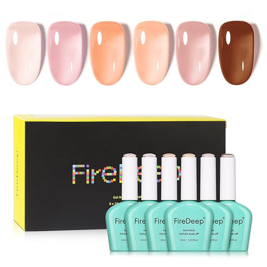 10ml Hema Free Gel Nail Polish Set, 6 Colors Transparent Jelly Gel Polish Kit Sheer Nude Pink Skin Tones Neutral Brown Soak Off Manicure for Salon and Nail Art DIY