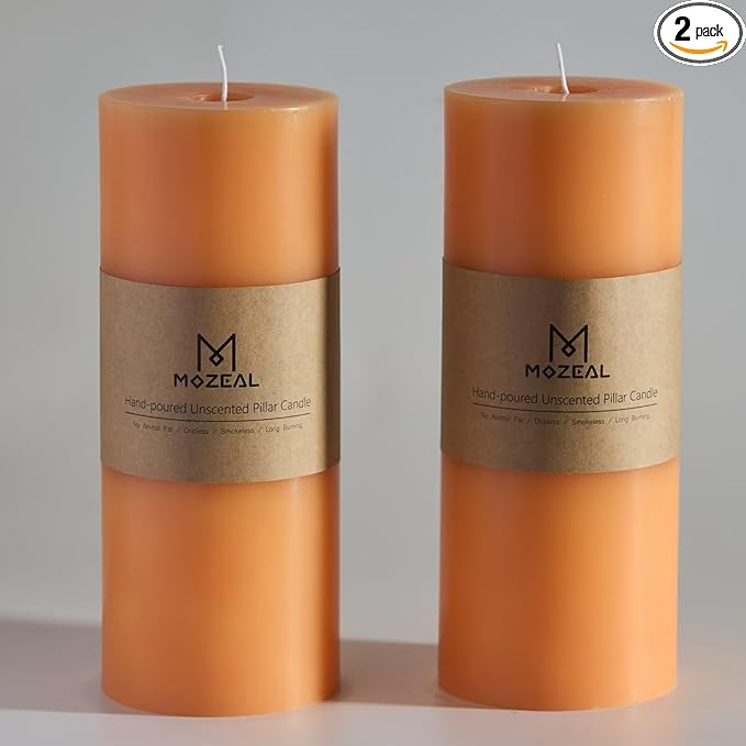 MOZEAL 4" x 10" Extra-Large Peach Fuzz Pillar Candles (Set of 2), Unscented, Dripless, Smokeless, Long Clean-Burning, Tall 10 inch Large Peach Fuzz Pillar Candles for Gentle Evenings Decor