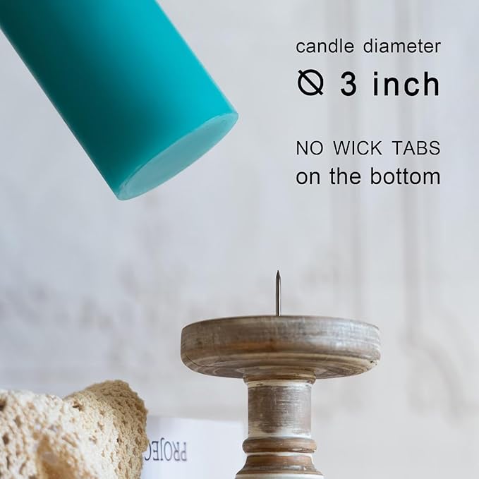 MOZEAL 3" x 8" Hand-Poured Unscented Candles,Large Turquoise Pillar Candles Set of 2,No Drip,Approx 120 Hours Long Burning,Wedding,Dinner,Christmas and Home Decor（3 Inch Diameter 8 Inch Height）