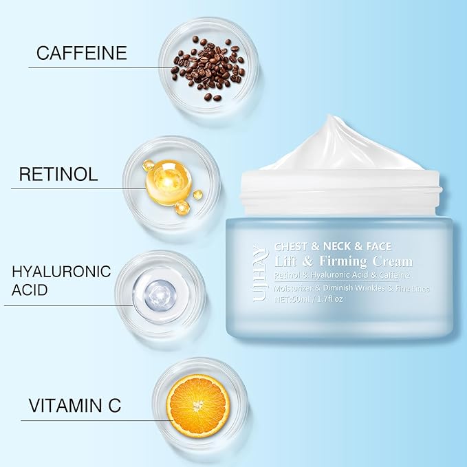 Retinol Neck Cream, Hyaluronic Acid and Caffeine Enriched Neck Firming Cream to Minimize Fine Lines & Dullness - 3-in-1 Moisturizing Cream for Neck, Chest and Face (50 ml/1.7 oz)