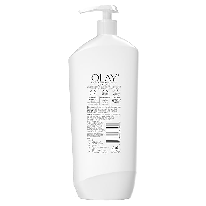 Olay Body Lotion for Women, Soothing Dryness Relief, 24hr Moisturizing & Deep Hydration, Absorbs Instantly, Penetrating Vitamin B3 Complex, For All Skin Types, Aloe Vera Scent, 18 fl oz