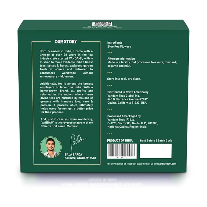 VAHDAM, Butterfly Pea Flower Tea Bags (40 Pyramid Teabags) Vegan, Non-GMO | Delicate & Earthy | Direct From Source - Plant Based Biodegradable Tea Bags | Brew Iced Tea, Cooking, Mocktails & Cocktails