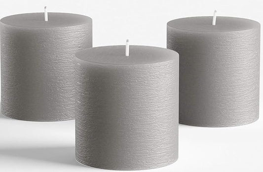 Set of 3 Pillar Candles 3" x 3" Unscented Handpoured Weddings, Home Decoration, Restaurants, Spa, Church Smokeless Cotton Wick - Grey