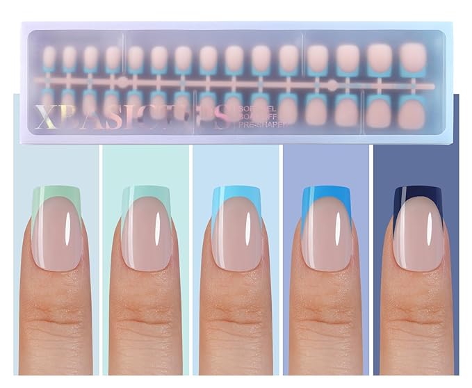 Misssix XBASICTIPS Blue French Tip Press On Nails, 150Pcs French Gel Nail Tips Short Square, Soft Gel Pre-shaped No Need to File 3 in 1 Tips, Fake Nails for Nail Art DIY Extension Designs 15 Sizes