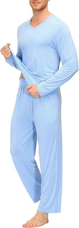 JINSHI Men's Pajama Sets Sleepwear Nightwear Lightweight Quick Dry Soft 2 Piece Long Sleeve Mens Loungewear Sets with Pocket