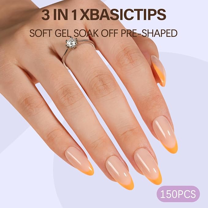 Misssix XBASICTIPS French Tip Press On Nails, 150Pcs French Gel Nail Tips Medium Almond, Soft Gel Pre-shaped No Need to File 3 in 1 Fake Nails for Nail Art DIY Extension Designs 15 Sizes