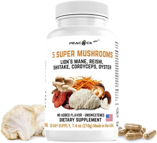 5 Mushrooms Supplement, 180 Count – Lion's Mane, Reishi, Shiitake, Cordyceps, Oyster Immune & Brain Supplement for Memory and Focus, Lions Mane Mushroom Blend