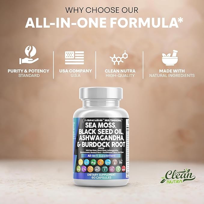 Sea Moss Black Seed Oil Ashwagandha Turmeric Bladderwrack Burdock & Vitamin C Vitamin D3 with Elderberry Manuka Dandelion Yellow Dock Iodine Chlorophyll ACV