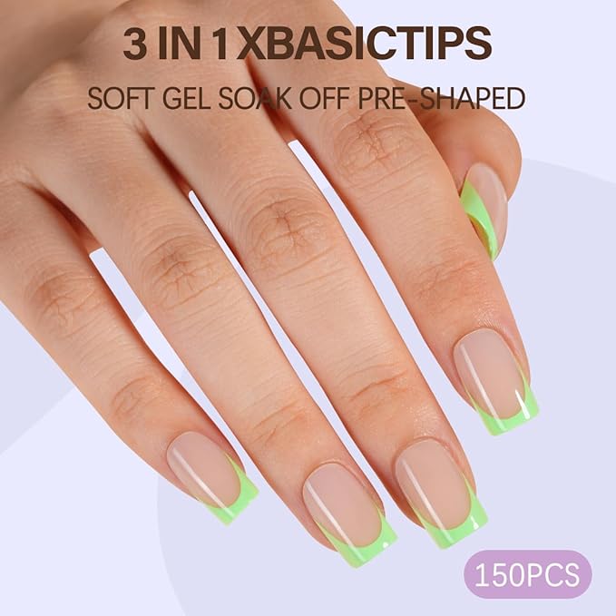 Misssix XBASICTIPS Green French Tip Press On Nails, 150Pcs French Gel Nail Tips Short Square, Soft Gel Pre-shaped No Need to File 3 in 1 Tips, Fake Nails for Nail Art DIY Extension Designs 15 Sizes