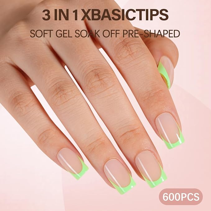 Misssix XBASICTIPS French Tip Press On Nails, 600Pcs Short Square French Gel Nail Tips 20 Colors, Soft Gel Pre-shaped No Need to File 3 in 1 Tips, Fake Nails for Nail Art DIY Extension15 Sizes