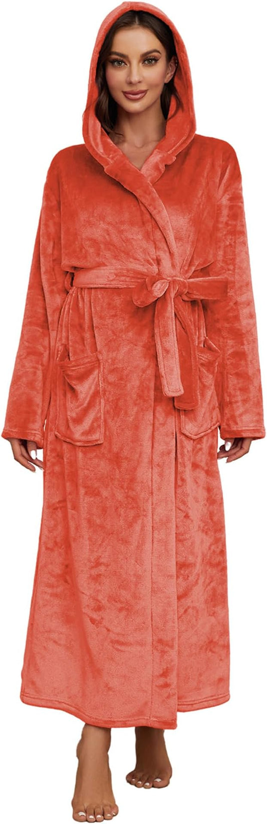 HEARTNICE Womens Long Hooded Robe, Soft Warm Fleece Bathrobes Full Length Plush House Coat