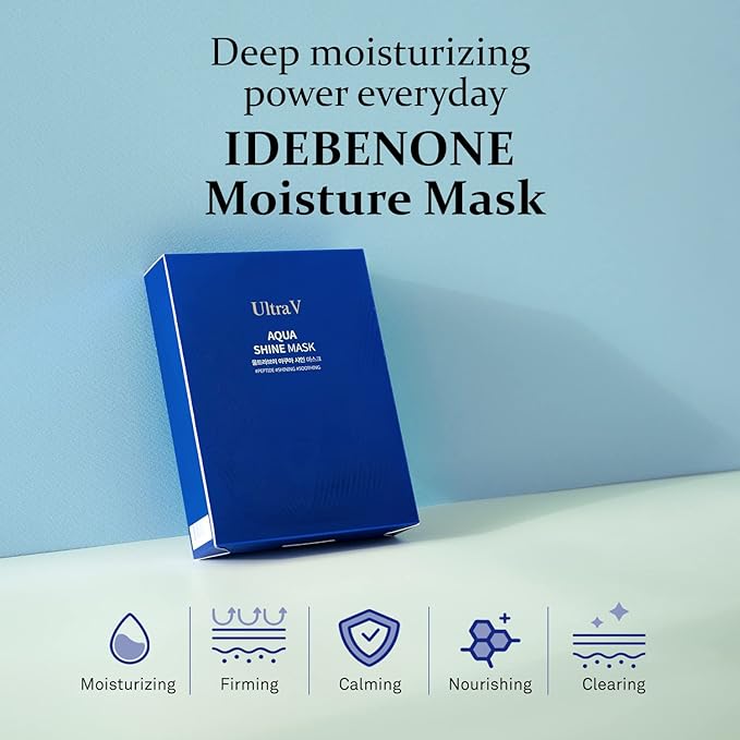 Ultra V Idebenone Anti Aging Facial Mask Sheet – Antioxidant, Deep Moisturizing – Hypoallergenic Tencel Sheet - Aqua Shine Mask 10 Sheets