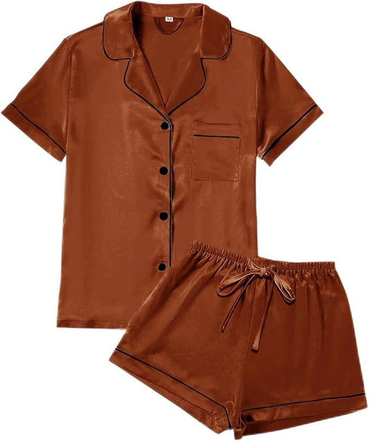 4Pcs Womens Satin Silky Pajama Sets Short Sleeve Shirt XS-4XL Floral Pajamas Set Soft PJ Loungewear Sleepwear